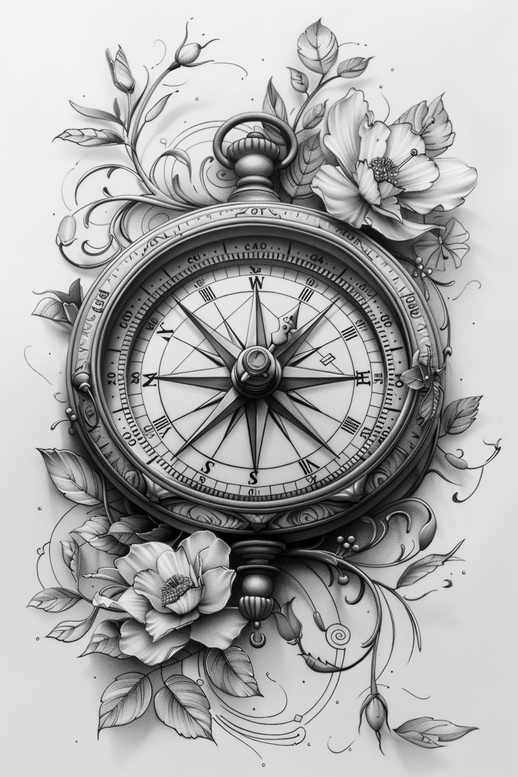 Compass with blooming flowers, leaves and vines in black and grey; tattoo project idea; not ideal for a cover-up.