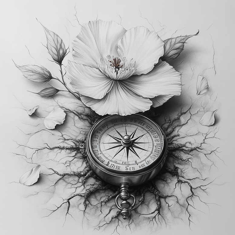 Compass and hibiscus in black and grey, with petals and leaves; tattoo project idea; not suitable for cover-up.