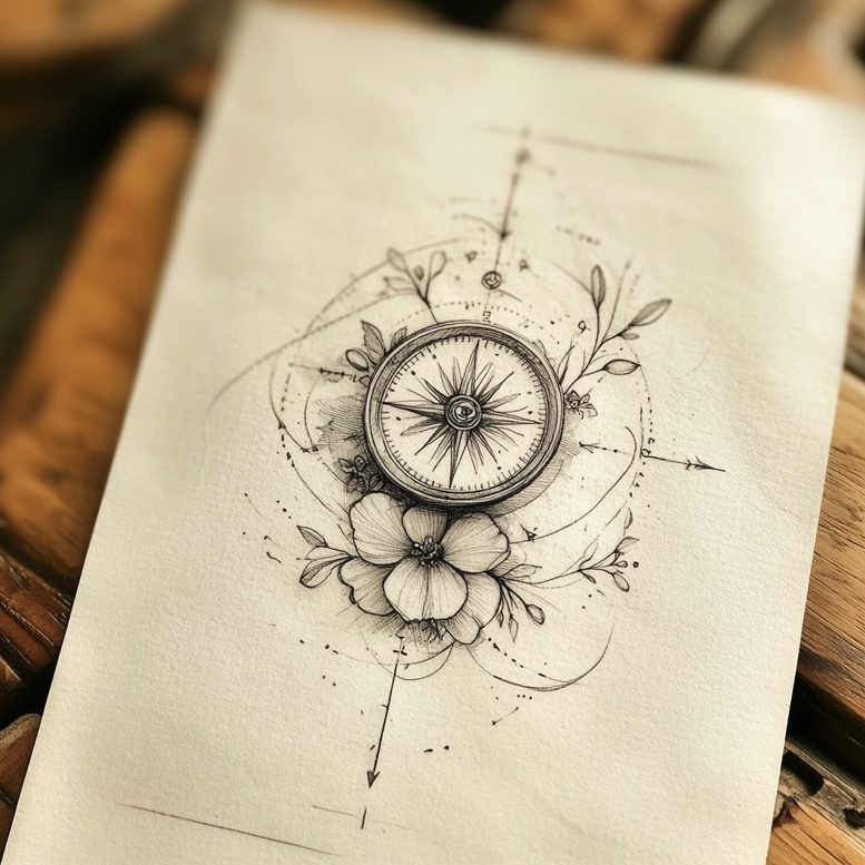 Compass, flower, leaf, arrow, and line elements in black and grey; tattoo design concept; not a finished piece.