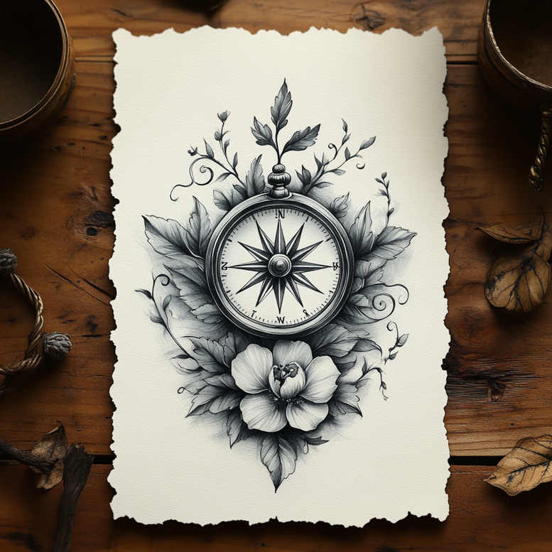 Compass, leaves, and a blooming flower in black and grey; tattoo project idea; not a cover-up.