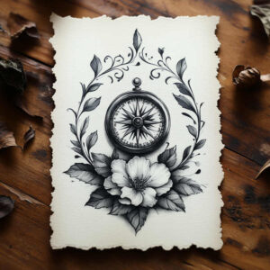 Compass, flower, leaf, and torn paper on a wood background; black and grey; project idea; not suitable for a cover-up.
