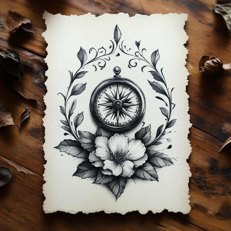 Compass, flower, leaf, and torn paper on a wood background; black and grey; project idea; not suitable for a cover-up.