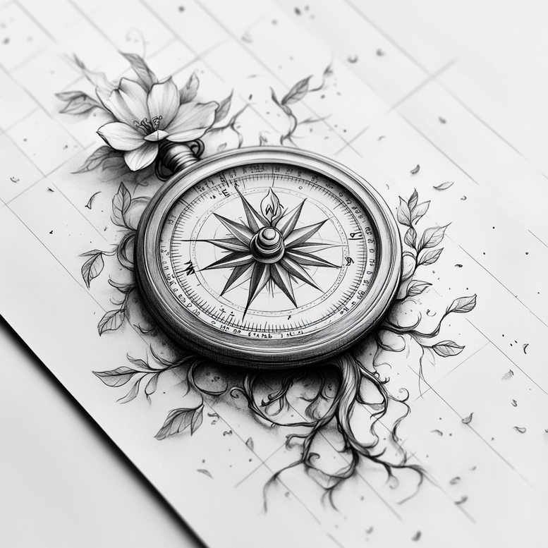 Compass, flower, and vine illustration in black and grey; tattoo project image with a detailed compass rose and flowing vines, suitable for a cover-up.