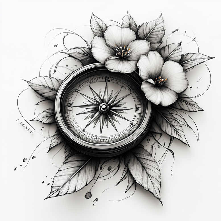 Black and grey compass with flowers and leaves; tattoo project idea; not ideal for cover-up.