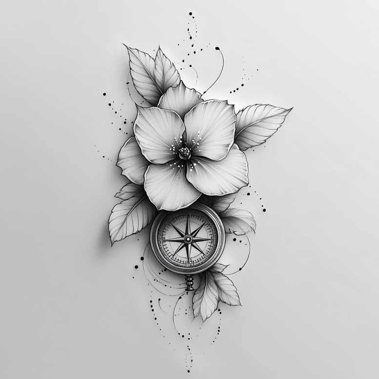 Flower and compass in black and grey ink with hibiscus petals and leaves, decorative splash dots; tattoo idea, not specifically designed for cover-up; AI-generated tattoo project.