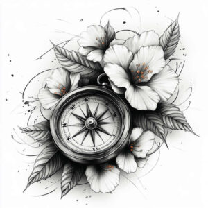 Compass, hibiscus, leaves; black and grey; tattoo design project; cover-up suitability: not specified.