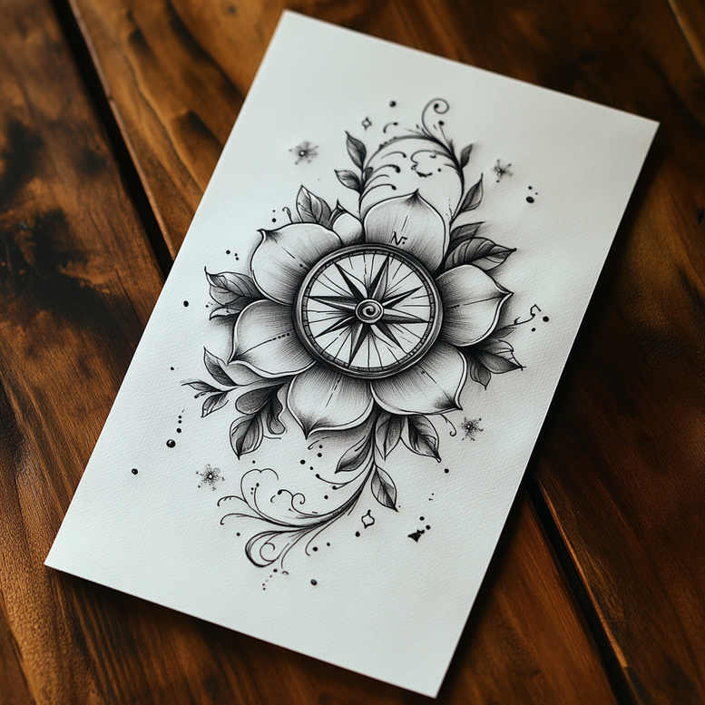 Black and grey compass rose centered on a blooming flower with leaves, petals, and decorative swirls; a tattoo design concept, not specifically for cover-up.