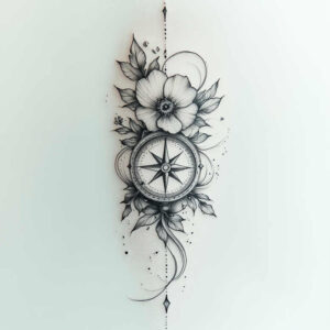 Compass, flower, and leaf in black-and-grey fine-line tattoo study; project idea. Not ideal for cover-up.