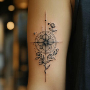 Compass rose with circular geometry and a floral stem in black and grey; tattoo project; not intended for cover-up.