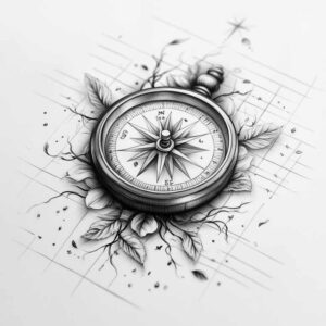 Compass tattoo design with leaves, branches, and a geometric grid in black and grey; AI-generated tattoo project; not ideal for cover-up.