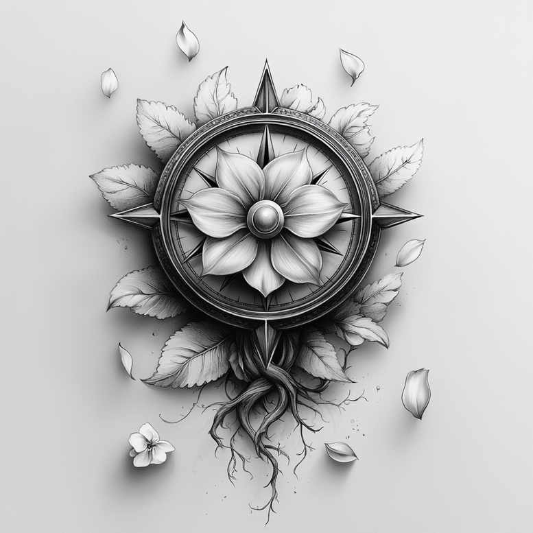 Compass rose with central lotus-like flower, surrounding leaves, and flowing roots; black and grey tattoo design concept; suitable for cover-up.