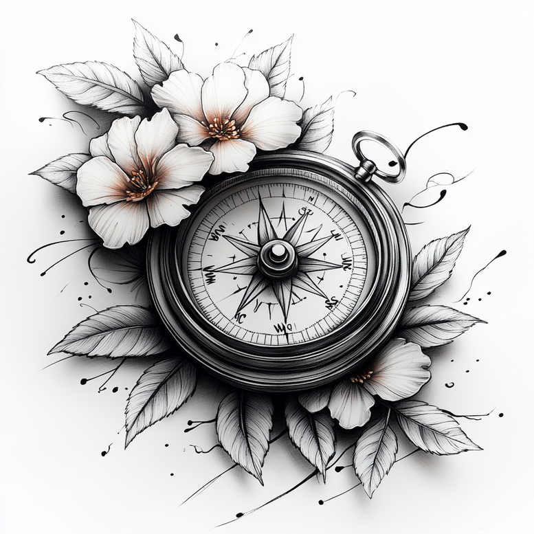 Black and grey compass surrounded by white flowers and grey leaves; tattoo design idea; suitable for cover-up.