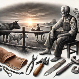 A black and grey rural tattoo scene: man on a bench by a wooden fence, cows and calf in a field; foreground tool roll, ring, chain, pliers, hammer, knife, chisel, wrench; cover-up suitable.