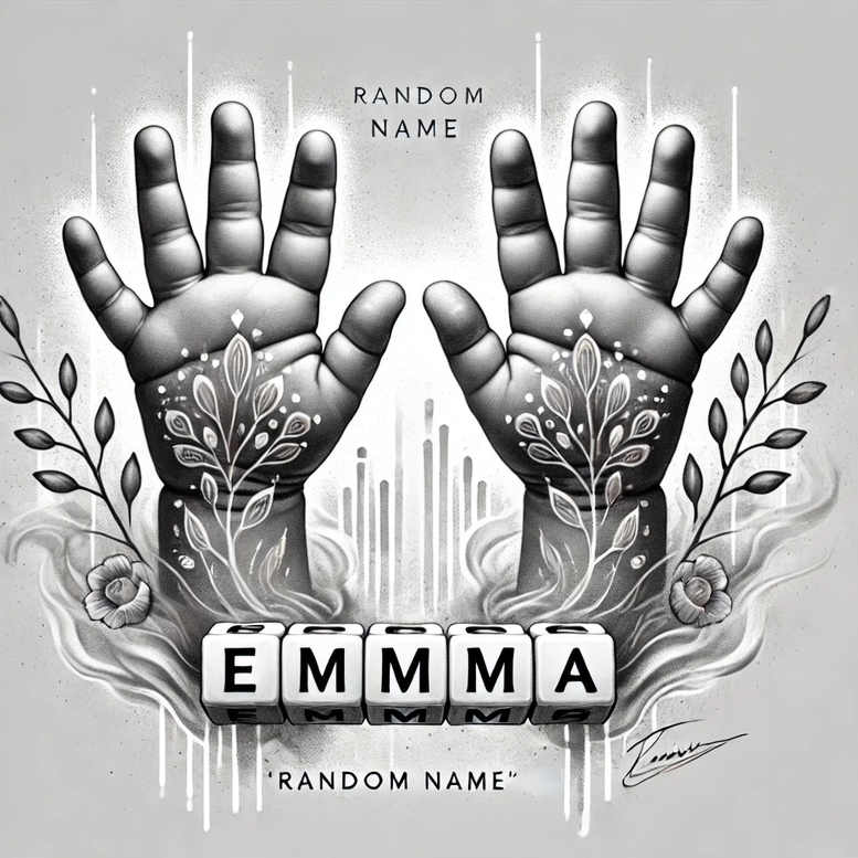 Two black and grey hands with floral vines and leaves, letter blocks reading EMMA below, on a grey backdrop; tattoo project; cover-up suitable.