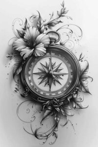 Compass, flower, rose, and leaf in black and grey; AI-generated tattoo design idea; cover-up ready.