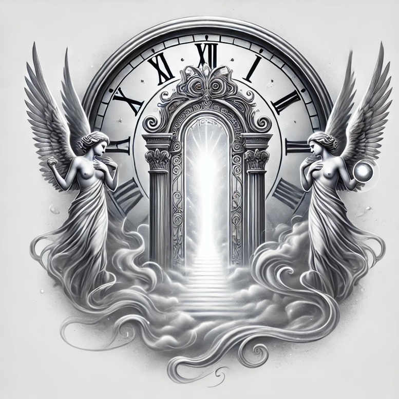 Two winged angels flank an ornate black-and-grey doorway emitting radiant light, with a clock behind and clouds below; AI-generated tattoo project; suitable for a cover-up.