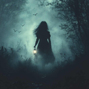 Silhouette of a woman holding a lantern in a misty black and grey forest, a tattoo project idea, perfect for a cover-up.