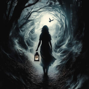 Woman silhouette holding a lantern on a dark forest path, trees, fog, and a bird in the sky; black and grey; tattoo project; cover-up-ready.