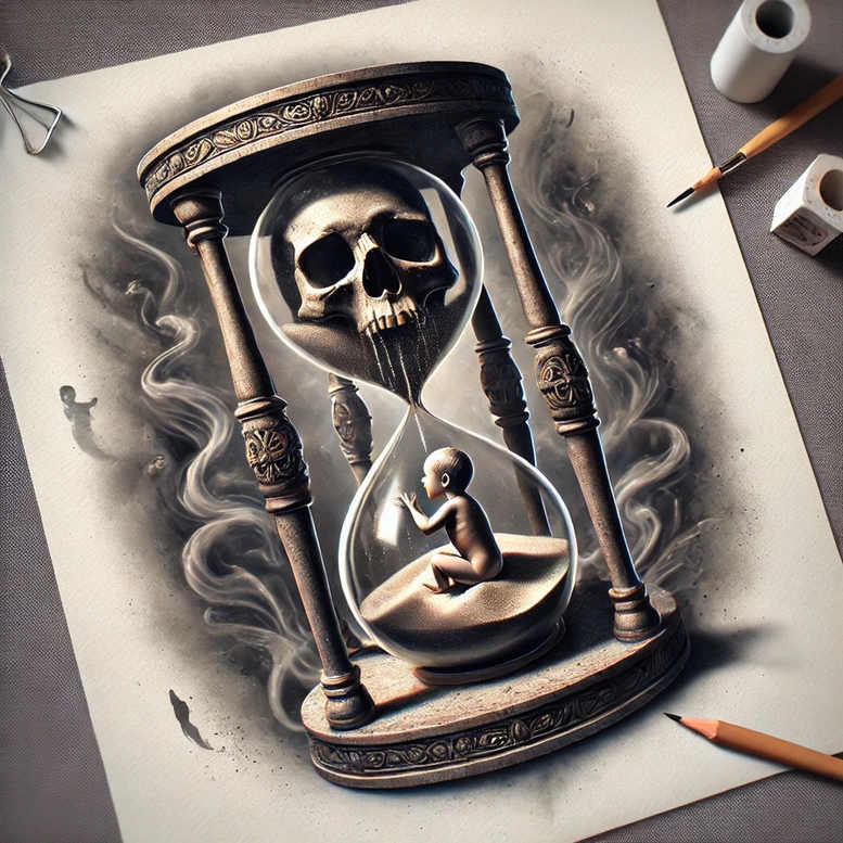 Skull in an hourglass with a baby inside, black and grey tattoo design idea; cover-up suitable.