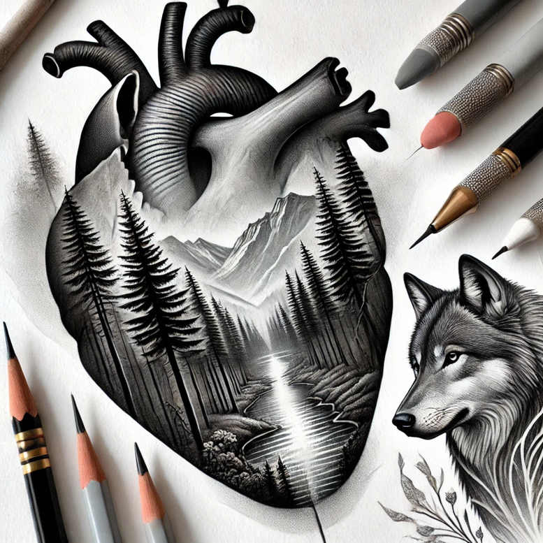 Heart anatomy merges with a grayscale mountain landscape of pine trees and a river, with a wolf silhouette on the right; black and grey tattoo design, AI-generated project, cover-up suitable.