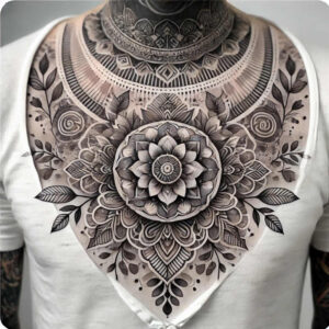 Central flower, mandala, leaves, and vines in black and grey; tattoo design project image; cover-up suitable.