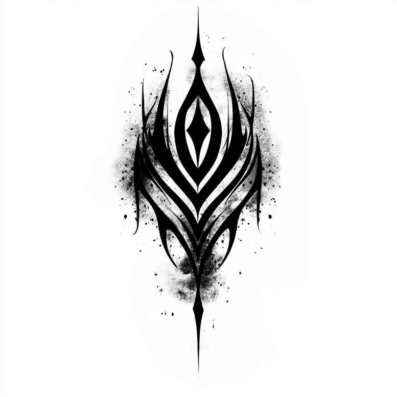 Pattern in black ink forms a symmetric tribal tattoo design with splatter edges on white background; AI-generated concept; suitable for cover-up.