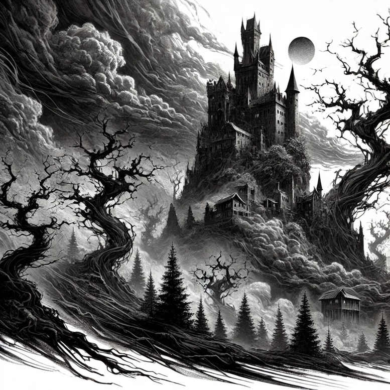 Black and grey castle on a hill with twisted trees, mist, a distant cabin, and a moon; tattoo project, suitable for a cover-up.