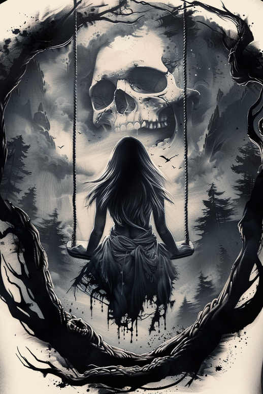 Black and grey tattoo project: girl on a swing with rope, skull looming over a misty forest, birds in the sky; cover-up-ready.