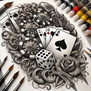 Die, card, chip, rose, leaf, swirl, brush, marker in black and grey; project idea; cover-up suitable.