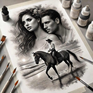 Black-and-grey tattoo design featuring a woman's face, a man's face, a galloping horse, a flower in the hair, and waves; AI-generated project, cover-up ready.