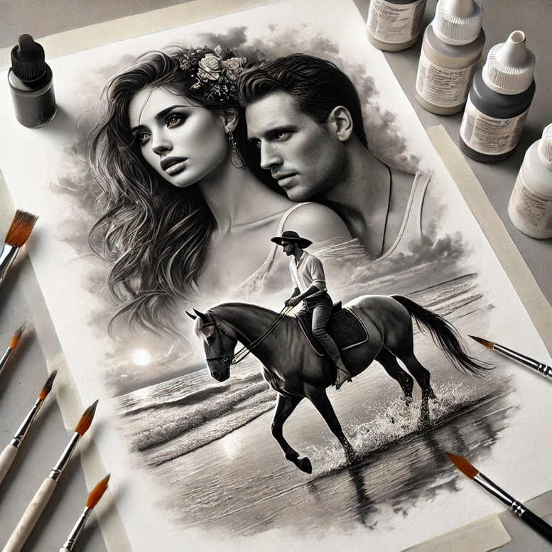 Black-and-grey tattoo design featuring a woman's face, a man's face, a galloping horse, a flower in the hair, and waves; AI-generated project, cover-up ready.