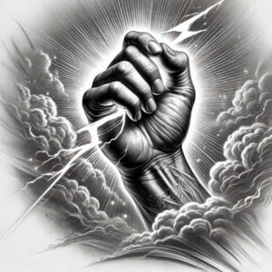 Fist, lightning, and clouds in black and grey; AI-generated tattoo project, suitable for cover-up.