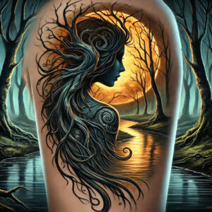 Silhouette of a woman with flowing hair among trees and branches, moon and water; blue-black figure with orange glow background; tattoo project; cover-up ready.
