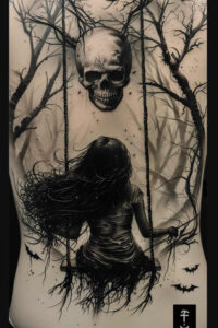 Black and grey tattoo project: girl on a rope swing under a floating skull in a dark forest; monochrome shading, wind-blown hair, bats; cover-up-ready concept.
