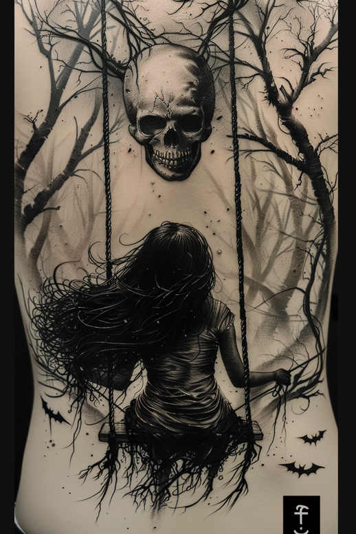 Black and grey tattoo project: girl on a rope swing under a floating skull in a dark forest; monochrome shading, wind-blown hair, bats; cover-up-ready concept.