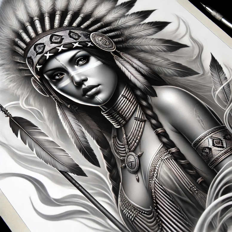 Face and upper torso of a Native American woman wearing a feathered headdress, headband, braid, and beads; black and grey tattoo design; project concept; cover-up ready.