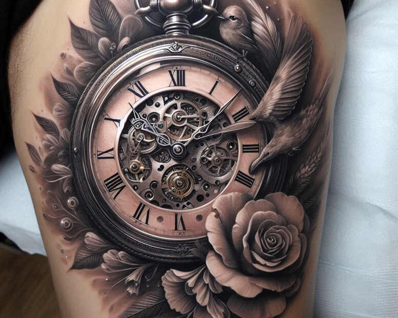 Realistic black and grey pocket watch tattoo design featuring a skeleton dial, rose, bird, and leaves; AI-generated tattoo project; cover-up ready.