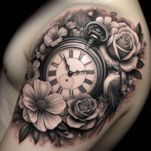 Pocket watch, rose, and bird in black and grey realism; tattoo project idea; cover-up friendly.
