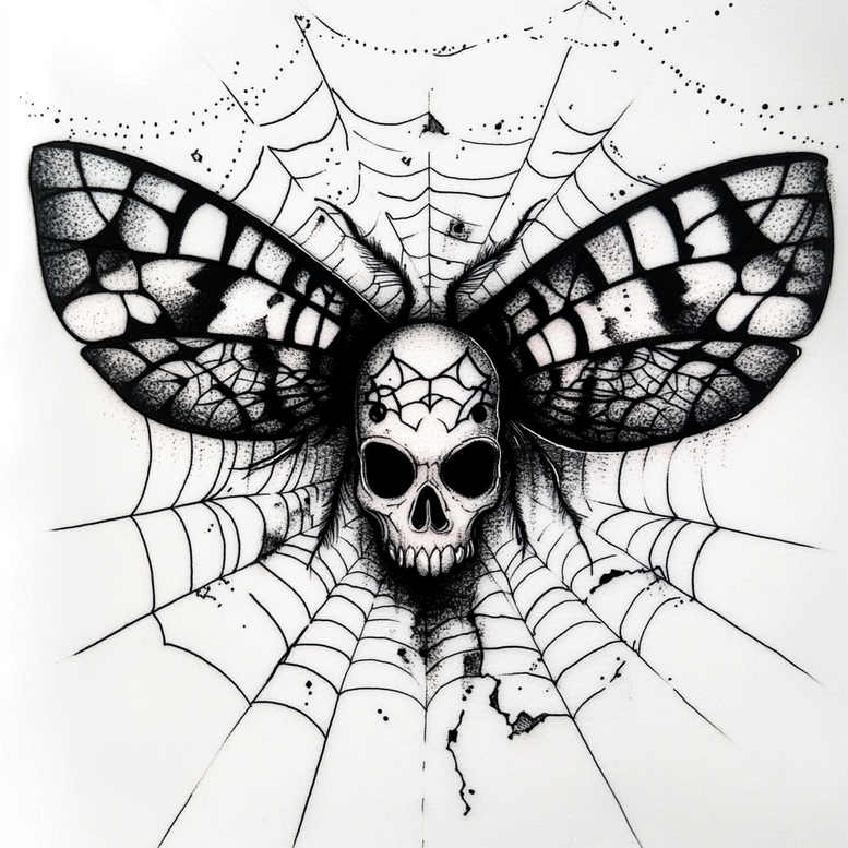 Skull, web, and wing shapes; black and grey; project concept; cover-up pattern-ready.