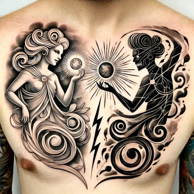 Black and grey tattoo design featuring a woman, skeleton, sun, orb, lightning, and swirling patterns; project idea; cover-up suitable.