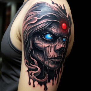 Skull portrait with blue eye and red forehead orb, flowing hair, and dripping ink on upper arm; black and grey palette; AI-generated tattoo project; cover-up suitable.