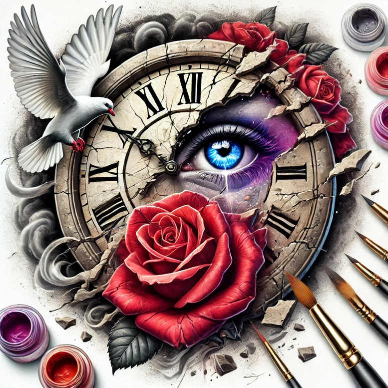 Clock with cracked face and blue eye, red rose, white dove, green leaves, brush and jar, color tattoo design concept.