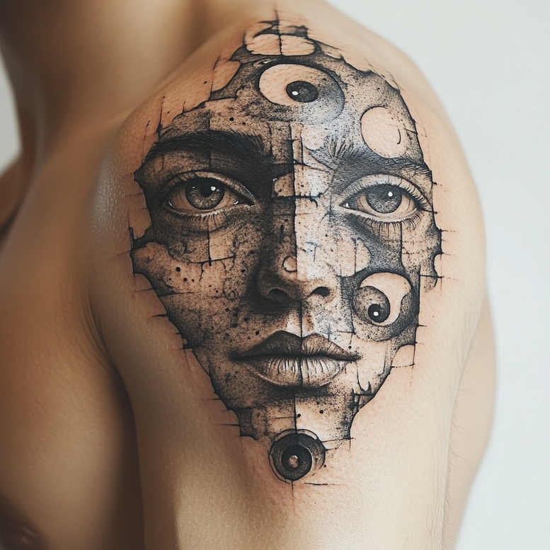 Face, eye, circle, crack pattern in black and grey; AI-generated tattoo project; cover-up.