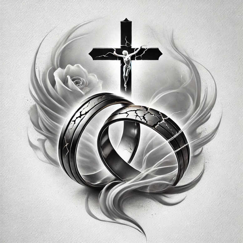 Cross, ring, rose, and smoke in black and grey; tattoo project; cover-up suitable; pattern.