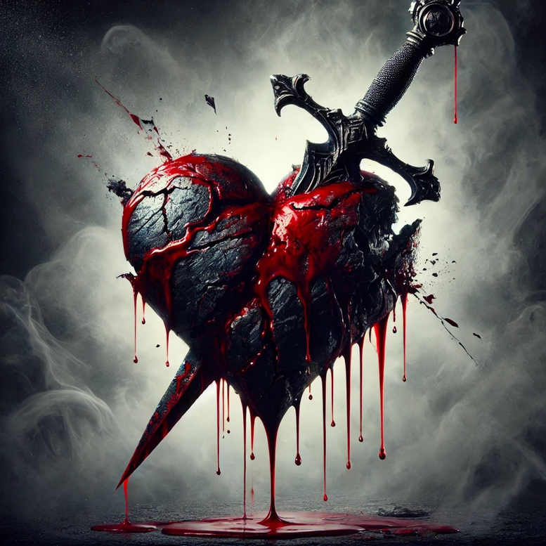 Black and grey heart pierced by a dagger with red blood drips; tattoo project idea, suitable for cover-up.