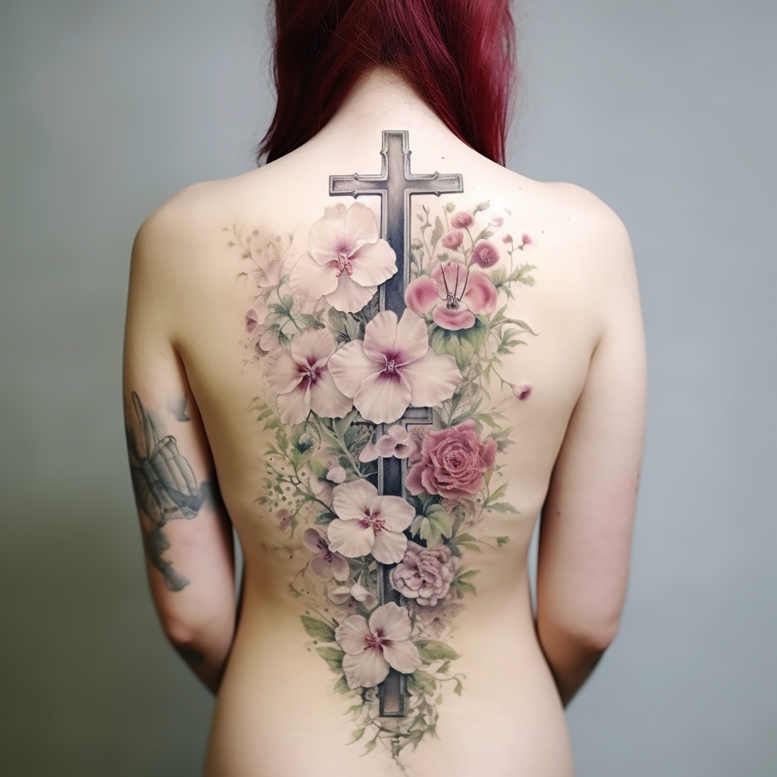 Colorful back piece with a black cross surrounded by pink hibiscus and rose blossoms; AI-generated tattoo project, not specifically for cover-up.