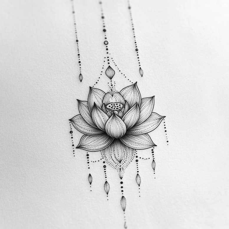 Lotus flower tattoo in black and grey with dangling bead strings, chains, and teardrop accents; a project idea, suitable for a cover-up.