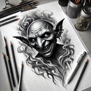 Demon portrait on paper in black and grey with smoky swirls; visible elements include pencil, brush, scissors, clipboard, jar, and ink bottle; AI-generated tattoo project; suitable for cover-up.