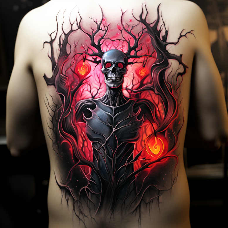Skeletal figure, tree-like branches, and glowing red orbs in black and grey shading on a back; tattoo project; ideal for cover-up.