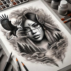 Face of a woman in black and grey with an eagle, tree silhouettes, clouds, and feathered headband; a cover-up-ready AI-generated tattoo design concept.
